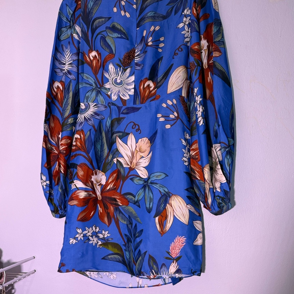 NWT FarmRio Floral Silk Blue Mini Dress XS - Picture 6 of 12